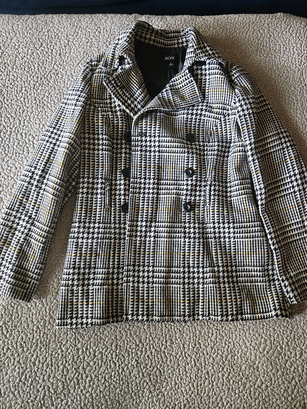 ALYX Women's Plaid Double-Breasted Peacoat in Black & White with Yellow Accents